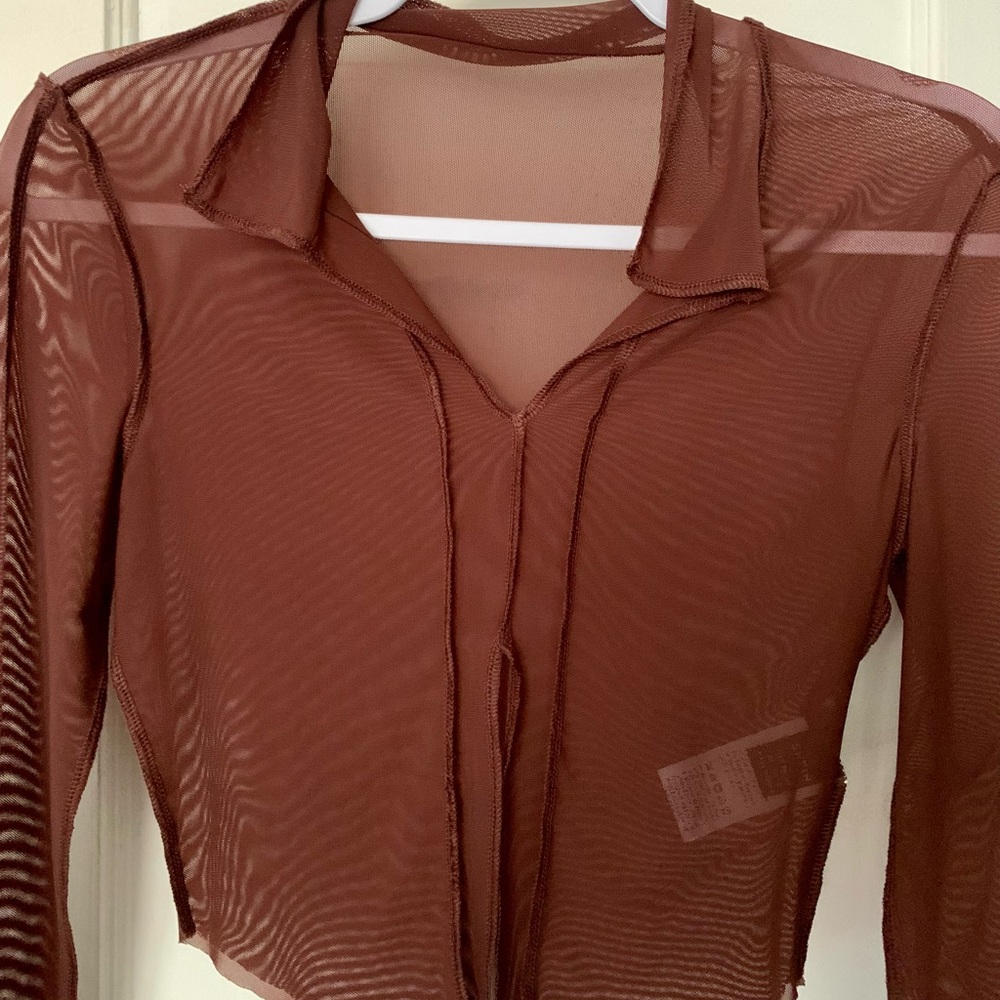 Never Worn SHEIN Sheer Chocolate Mesh Top – Brown Blouse